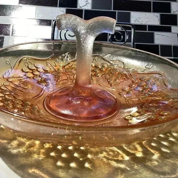 RARE FIND IMPERIAL Carnival Glass CENTER HANDLE SERVER Amber Glass  9” - Picture 7 of 12